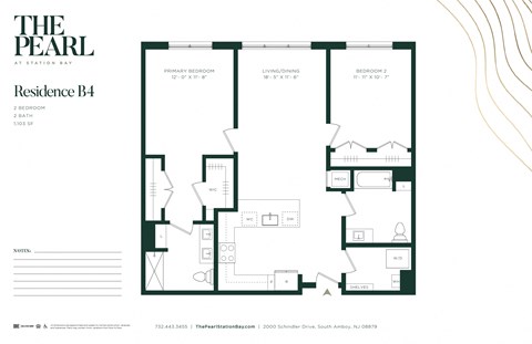 Floor plan for 2 beds, 2 baths, 1103 sqft