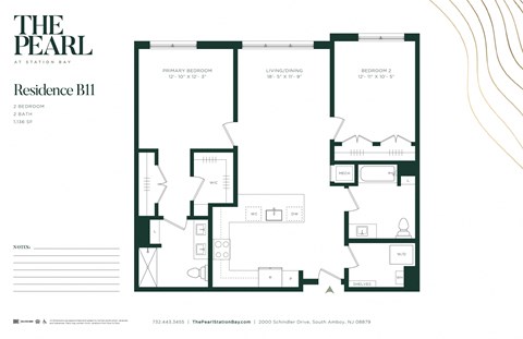 Floor plan for 2 beds, 2 baths, 1136 sqft