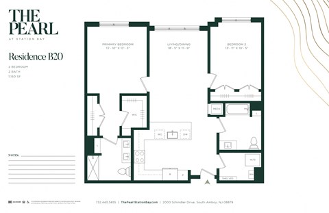 Floor plan for 2 beds, 2 baths, 1150 sqft