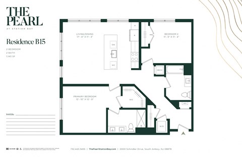 Floor plan for 2 beds, 2 baths, 1143 sqft