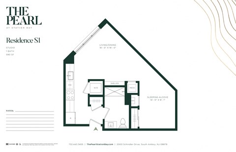 Floor plan for studio, 1 bath, 590 sqft