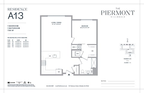 Floor plan for 1 bed, 1 bath, 767 sqft