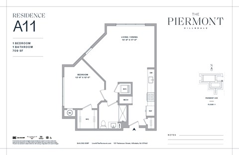 Floor plan for 1 bed, 1 bath, 709 sqft