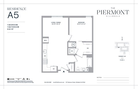 Floor plan for 1 bed, 1 bath, 646 sqft