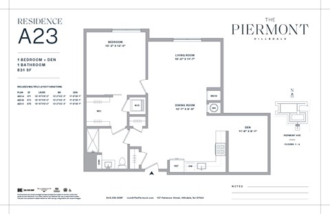 Floor plan for 1 bed, 1 bath, 871 sqft