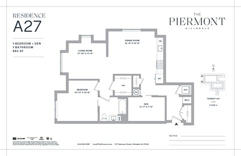 Floor plan for 1 bed, 1 bath, 954 sqft