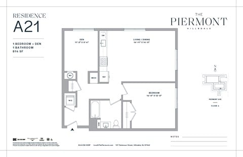 Floor plan for 1 bed, 1 bath, 814 sqft