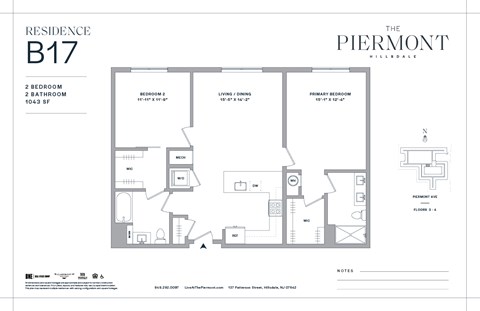 Floor plan for 2 beds, 2 baths, 1043 sqft