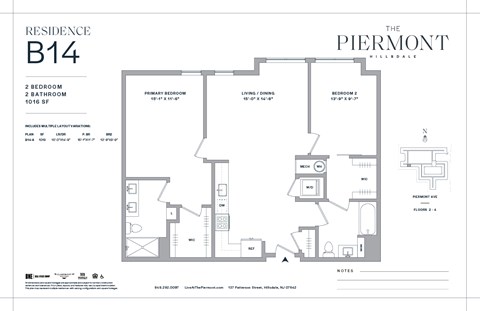 Floor plan for 2 beds, 2 baths, 1019 sqft
