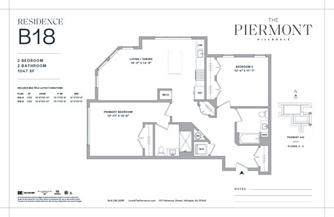 Floor plan for 2 beds, 2 baths, 1052 sqft