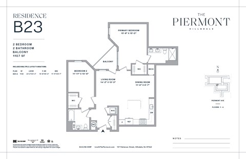 Floor plan for 2 beds, 2 baths, 1107 sqft