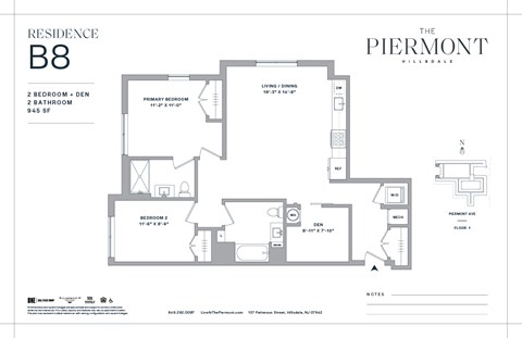Floor plan for 2 beds, 2 baths, 945 sqft