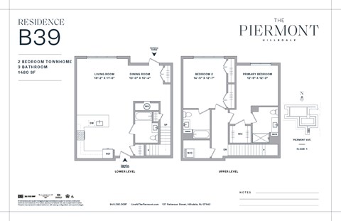 Floor plan for 2 beds, 3 baths, 1480 sqft