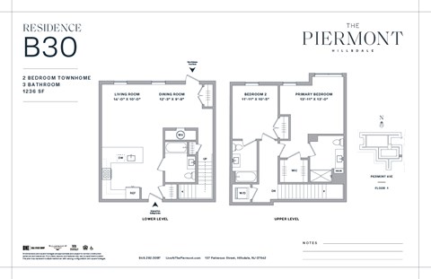 Floor plan for 2 beds, 3 baths, 1236 sqft
