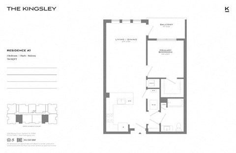 Floor plan for 1 bed, 1 bath, 764 sqft