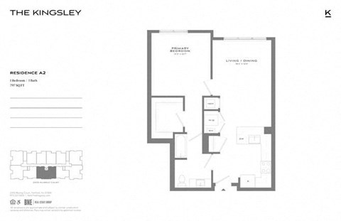 Floor plan for 1 bed, 1 bath, 797 sqft