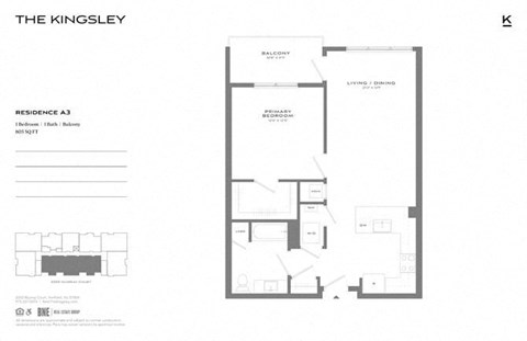 Floor plan for 1 bed, 1 bath, 805 sqft