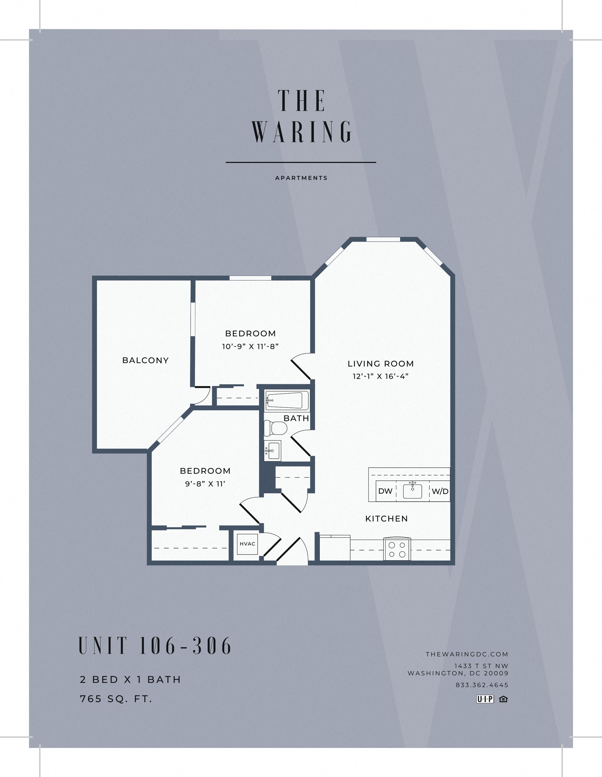 Floor plan for 2 beds, 1 bath, 765 sqft