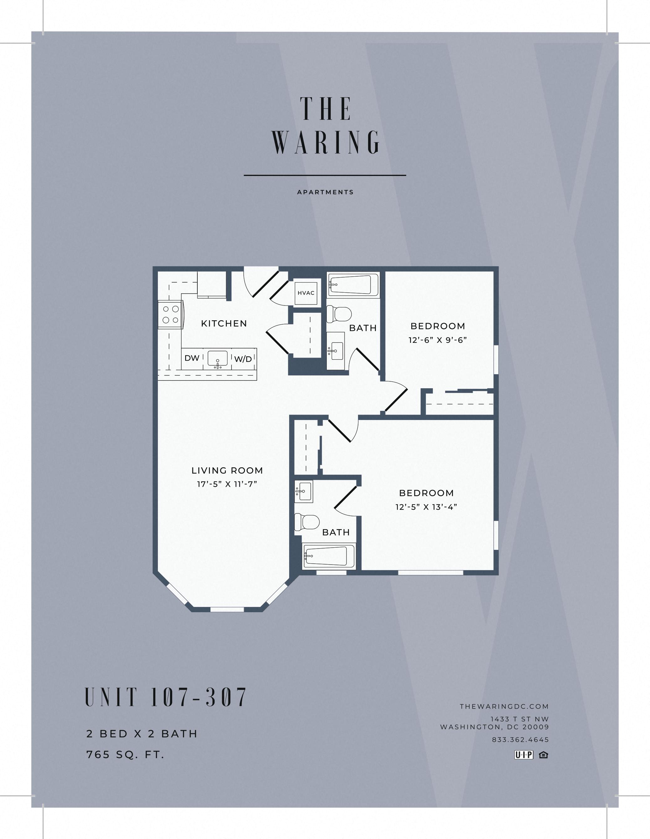 Floor plan for 2 beds, 2 baths, 865 sqft