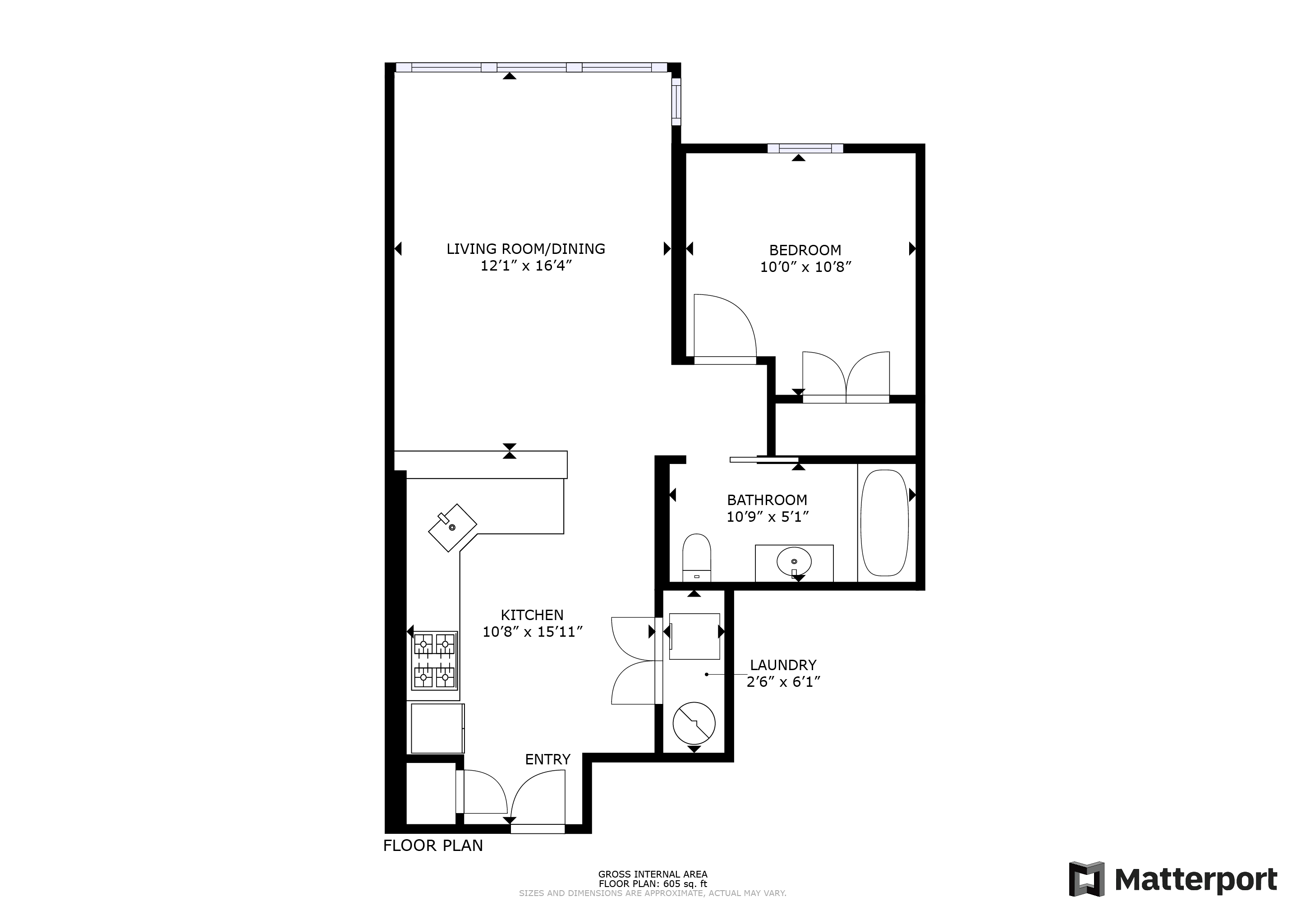 Floor plan for 1 bed, 1 bath, 554 sqft