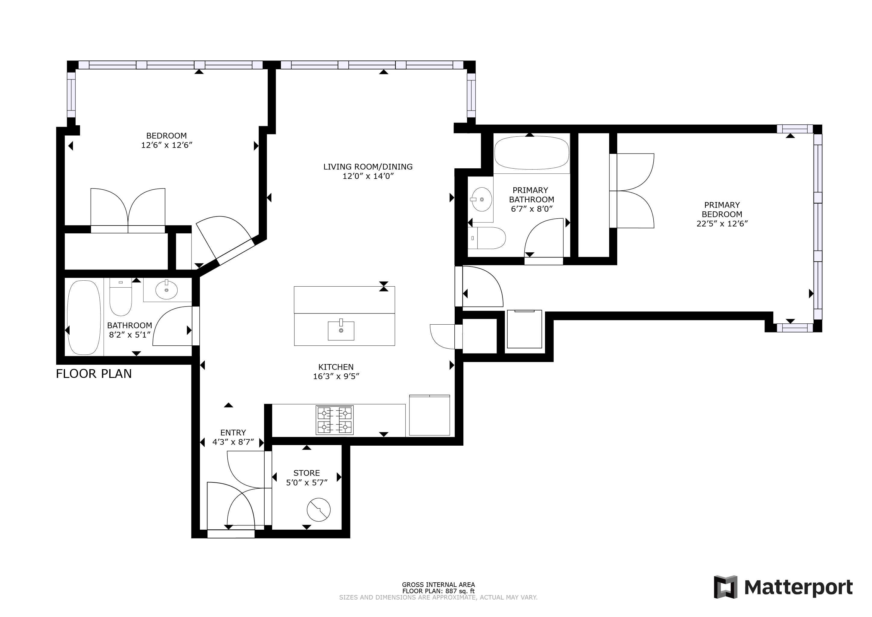 Floor plan for 2 beds, 2 baths, 834 sqft