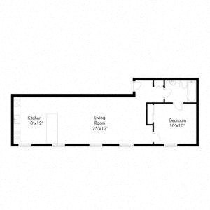 Floor plan for 1 bed, 1 bath, 687 sqft