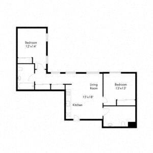 Floor plan for 2 beds, 2 baths, 744 sqft