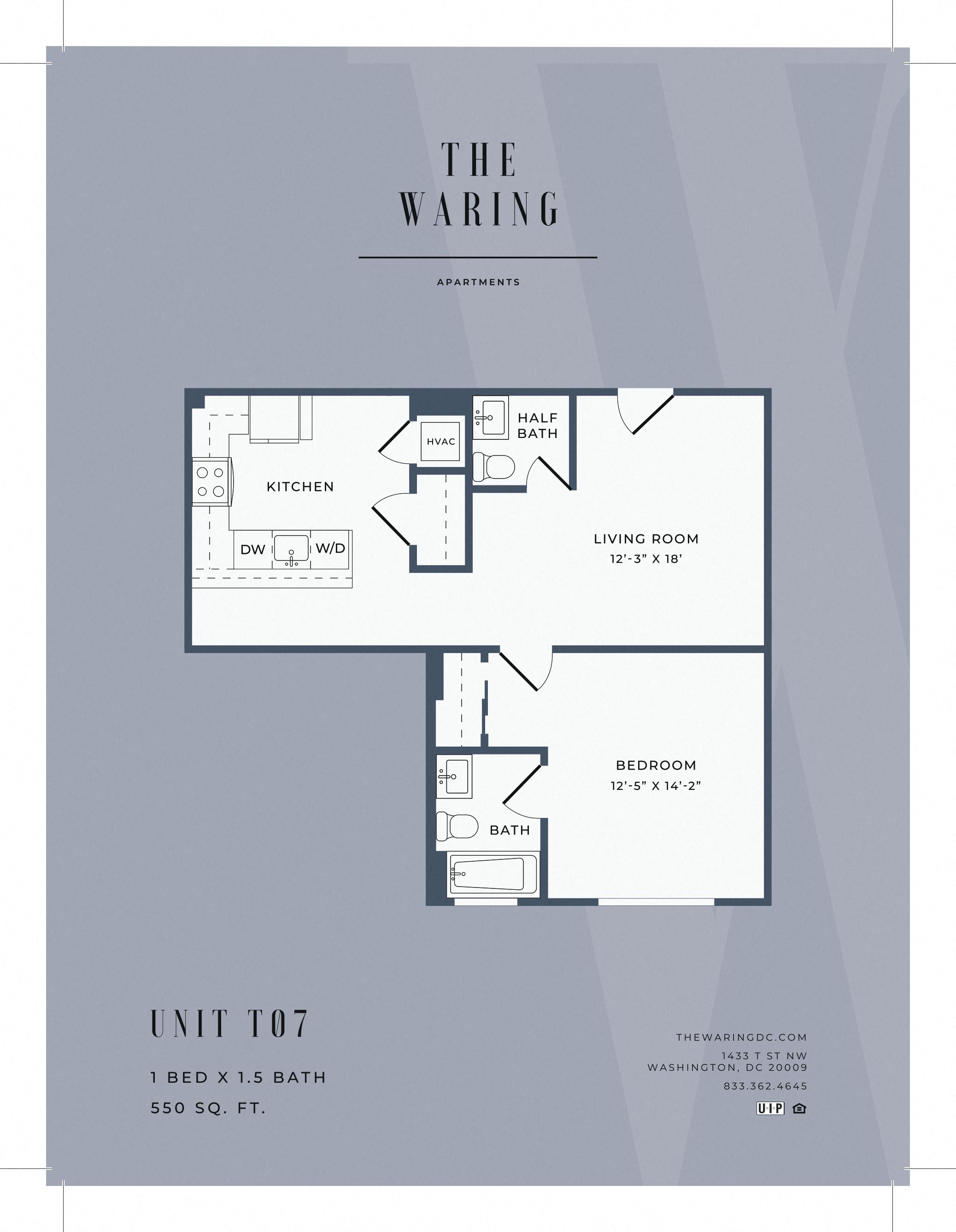 Floor plan for 1 bed, 1.5 baths, 550 sqft