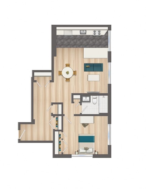 Floor plan for 1 bed, 1 bath, 744 sqft