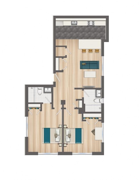 Floor plan for 2 beds, 2 baths, 845 sqft