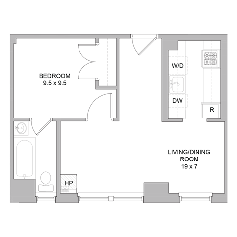 Floor plan for 1 bed, 1 bath, 435 sqft