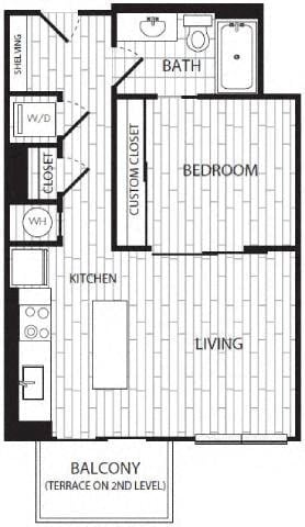 Floor plan for 1 bed, 1 bath, 583 sqft