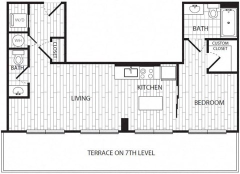 Floor plan for 1 bed, 1 bath, 673 sqft