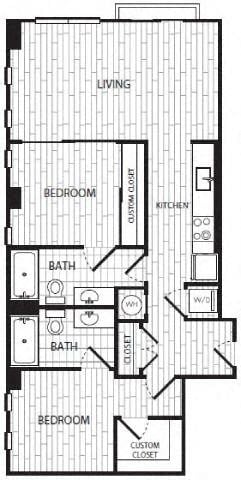 Floor plan for 2 beds, 2 baths, 929 sqft
