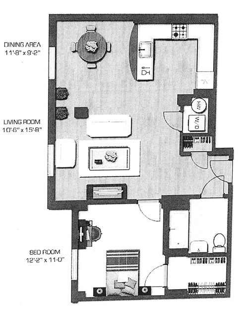 Floor plan for 1 bed, 1 bath, 713 sqft