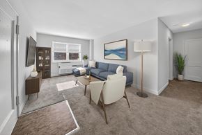 Silver Spring apartment for rent - A living room with a blue couch and a painting on the wall.