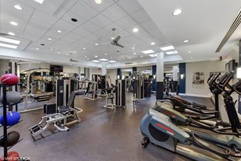 A gym with cardio equipment and weights on the floor of a building