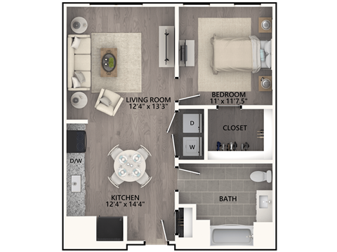 Floor plan for 1 bed, 1 bath, 627 sqft