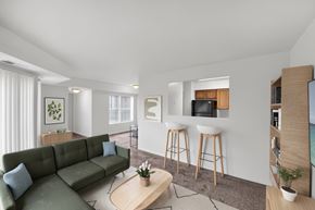 Washington apartment for rent - A living room with a green couch, a coffee table, and a bar area with stools.