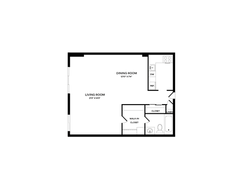 Floor plan for studio, 1 bath, 616 sqft