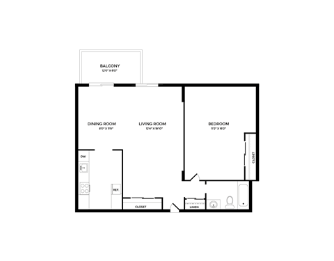 Floor plan for 1 bed, 1 bath, 693 sqft