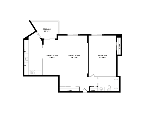 Floor plan for 1 bed, 1 bath, 700 sqft