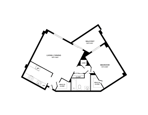 Floor plan for 1 bed, 1 bath, 760 sqft