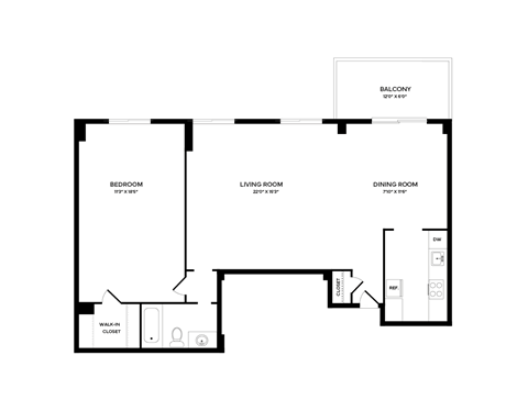 Floor plan for 1 bed, 1 bath, 867 sqft