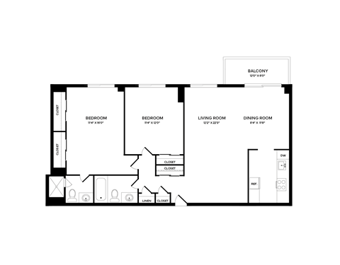 Floor plan for 2 beds, 2 baths, 1008 sqft