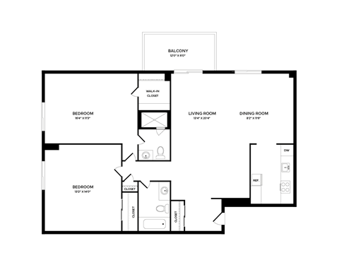 Floor plan for 2 beds, 2 baths, 1091 sqft