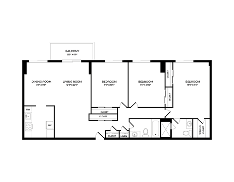 Floor plan for 3 beds, 2 baths, 1246 sqft