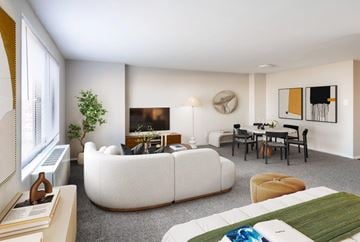 Hyattsville apartment for rent - A living room with a white couch, a green rug, and a painting on the wall.