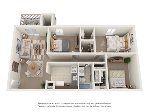 Floor plan for 3 beds, 1 bath, 836 sqft