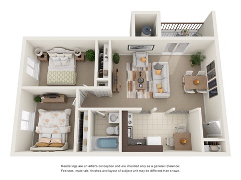 Floor plan for 2 beds, 1 bath, 736 sqft